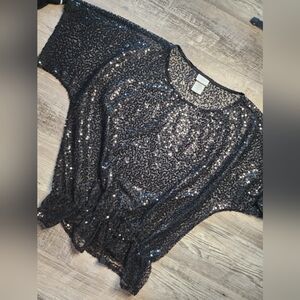 Jaclyn Smith Black Elegant Sheer Sequin Peplum Top Short Sleeve